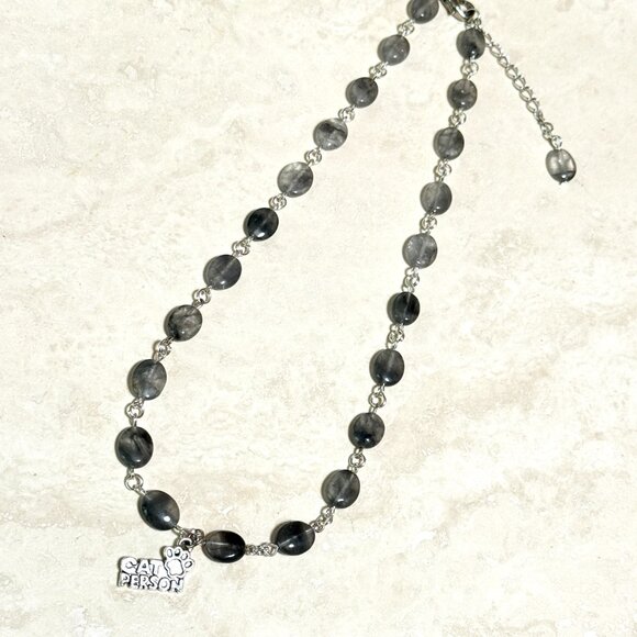 Genuine Grey Tourmalinated Quartz Short Necklace,Gemstone & Cat Person Paw Print - Picture 7 of 14